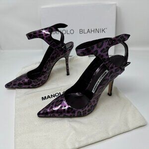 Manolo Blahnik Size 36 / 6 Patent Leather Purple & Black Leopard Print Heels NEW